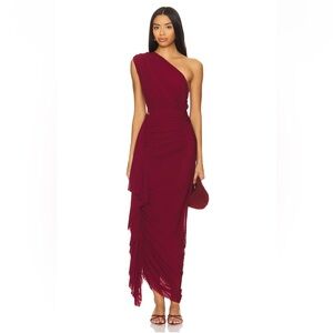 superdown One-Shoulder Ruched Wine Red Evening Gown